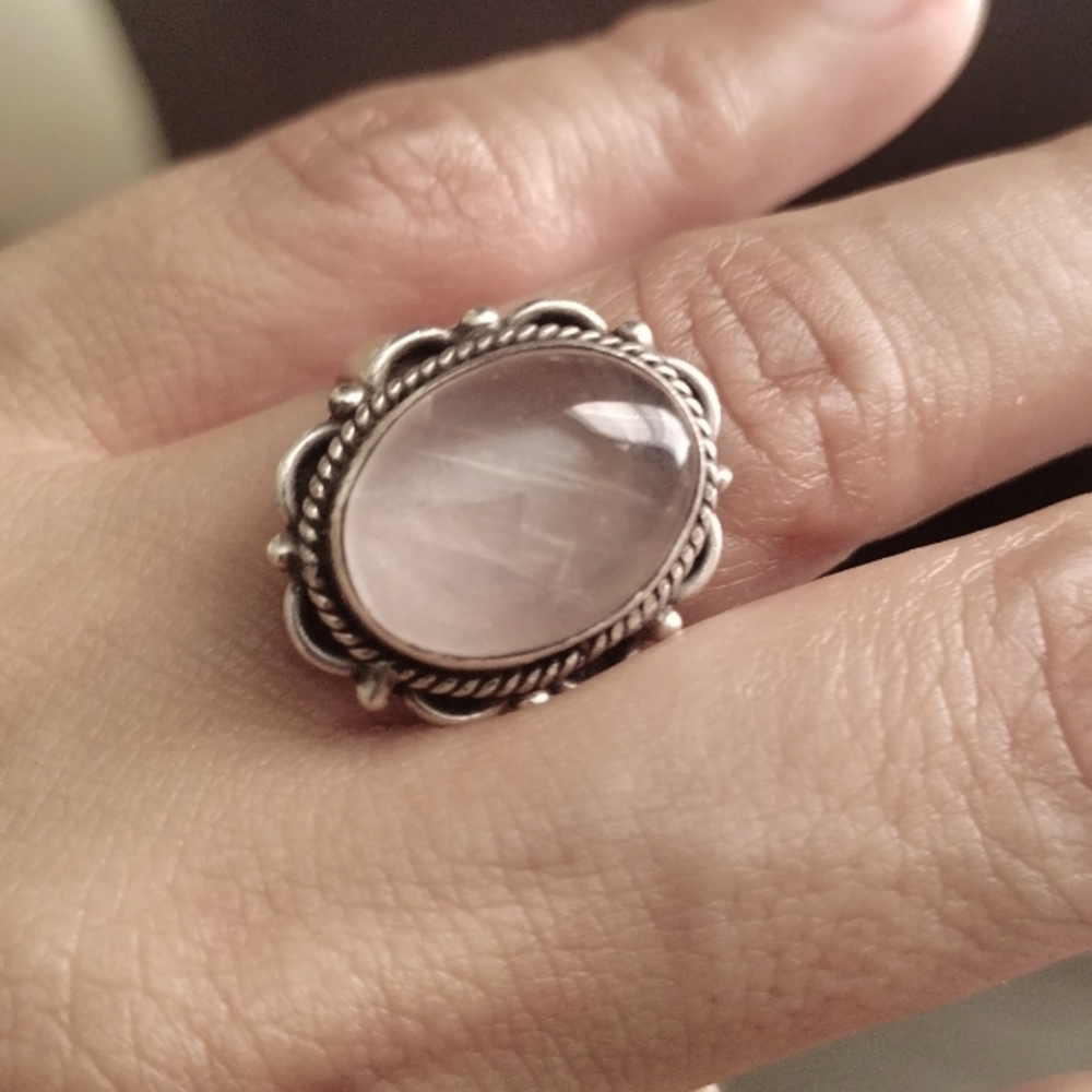 Vintage Pink Rose Quartz sterling Silver 925 Ring Size 6 natural stone